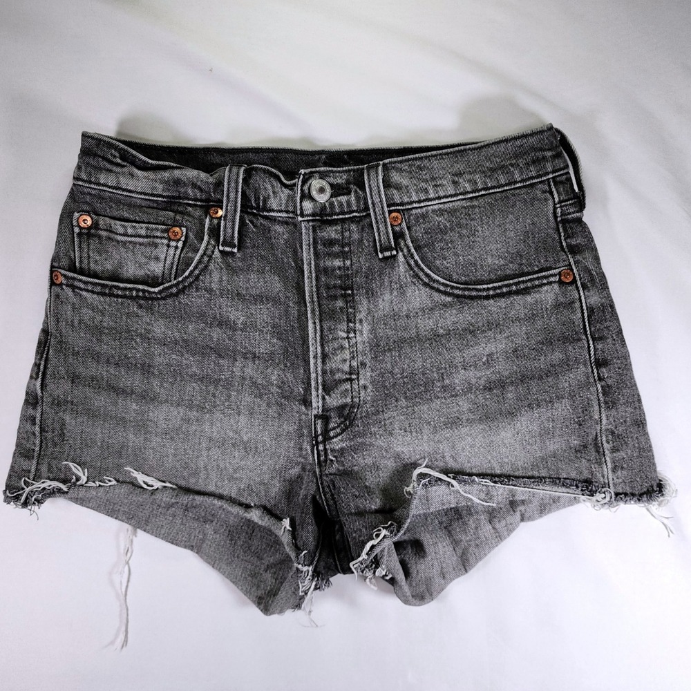 Levis 501 High Rise Denim Shorts Washed Black Gray Cut Off Button Fly Size 27